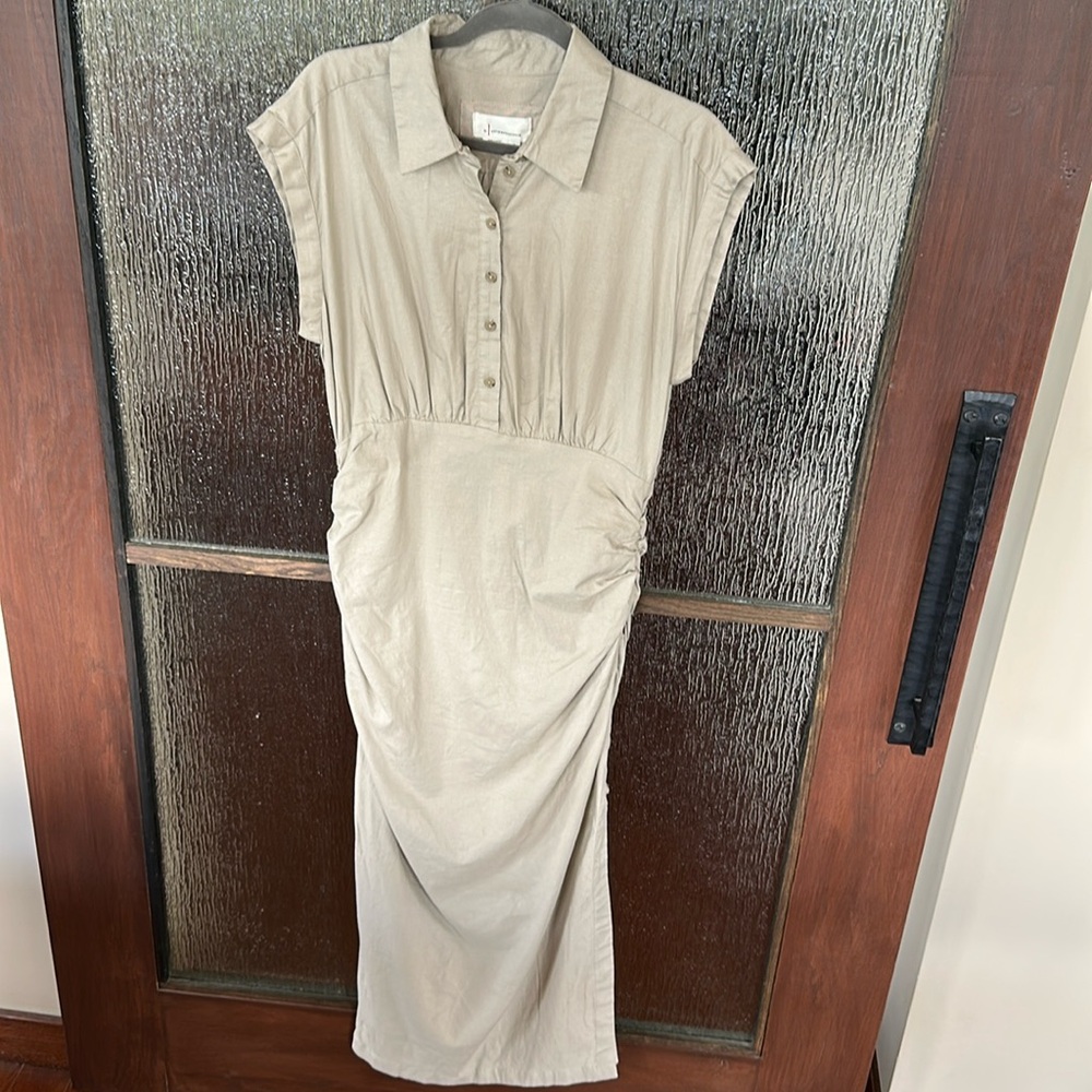 Anthropologie Tan Ruched Maxi Dress with Mandarin Collar size Mefium - Picture 12 of 12
